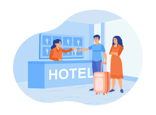 Couple of guests check in at reception desk and receptionist gives guest room key  Illustration