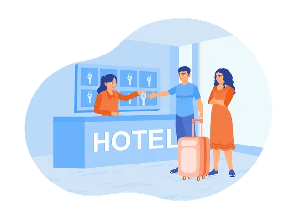 Couple of guests check in at reception desk and receptionist gives guest room key  Illustration