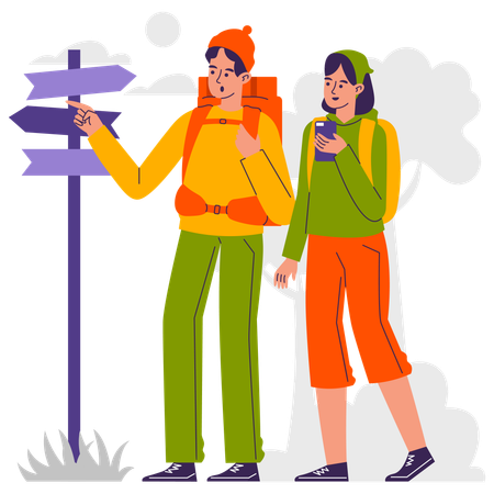 Couple of hikers finding direction using direction board  Illustration