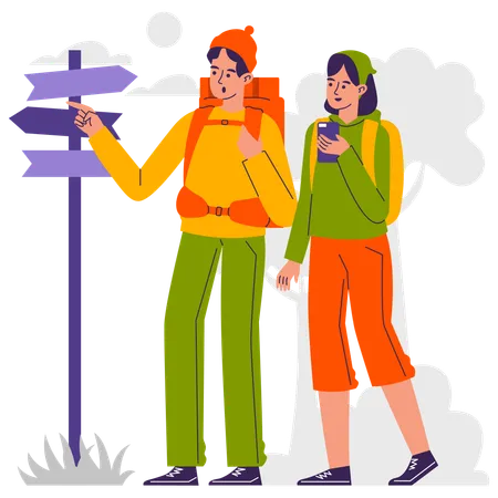 Couple of hikers finding direction using direction board  Illustration