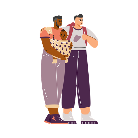 Couple of homosexual men with infant in baby carrier wrap  Illustration