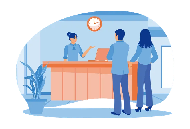 Couple Of Hotel Guests Are Talking To The Receptionist  Illustration