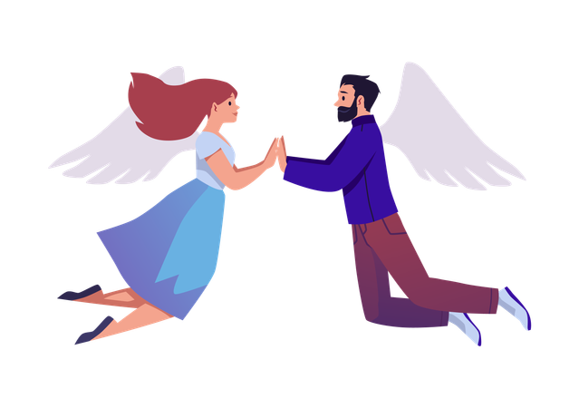 Couple of lovers holding hands and flying on the wings of happiness  Illustration