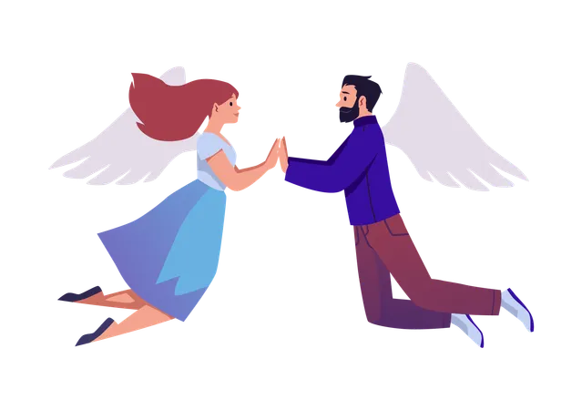 Couple of lovers holding hands and flying on the wings of happiness  Illustration