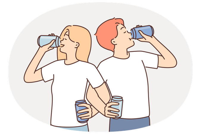 Couple of man and woman cross their arms drinking soda competing in speed of using soft drink  Illustration