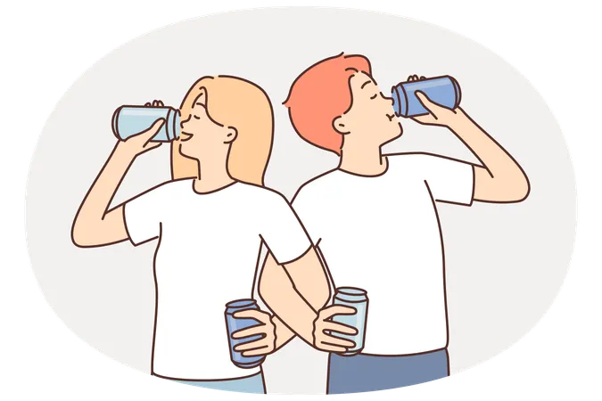 Couple of man and woman cross their arms drinking soda competing in speed of using soft drink  Illustration