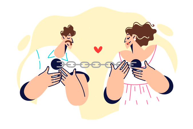 Couple of man and woman in love connected by chain  Illustration