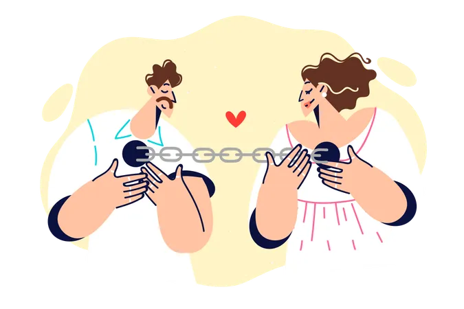 Couple of man and woman in love connected by chain  Illustration