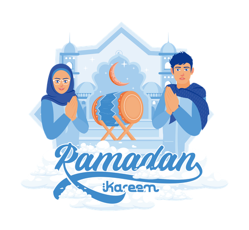 Couple Of Muslim Teenagers Standing In Front Of The Mosque Wishing Ramadan Kareem  Illustration