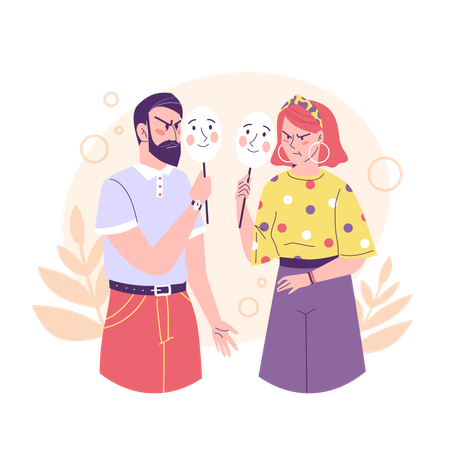 Couple of people are holding fake masks in their hands  Illustration
