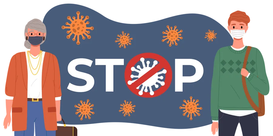 Couple Of People Is Wearing Medical Masks People Adhere To Quarantine Regulations Cartoon Characters On The Background Of Stop Coronavirus Sign Quarantine Period Flat Vector Illustration Illustration