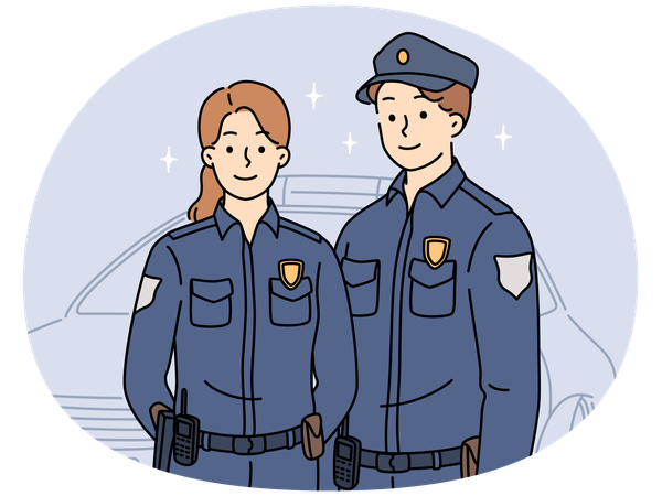 制服を着た警察官数人が車の近くに立っている  イラスト