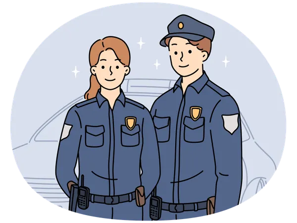 Couple of police employees in uniform standing near car  Illustration