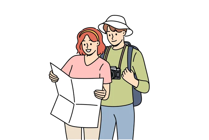 Couple Of Tourists Study Map Choosing Route For Hike In Mountains With Wildlife Or Walk Along City Streets Tourists With Photo Camera Use Paper Map For Navigation And Orientation On Terrain Illustration