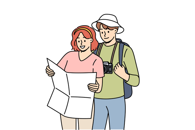 Couple of tourists study map and choosing route for hike in mountains with wildlife  Illustration