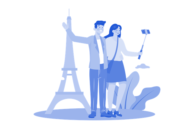 Couple Of Tourists Taking A Selfie  Illustration