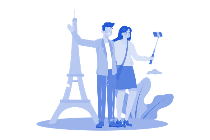 Couple Of Tourists Taking A Selfie  Illustration