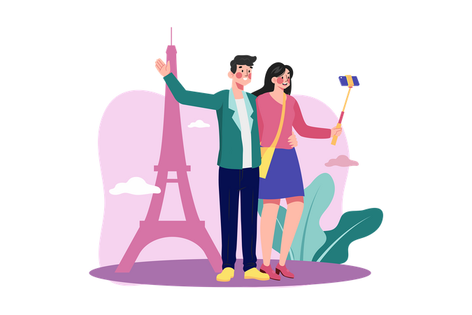 Couple of tourists taking a selfie  Illustration
