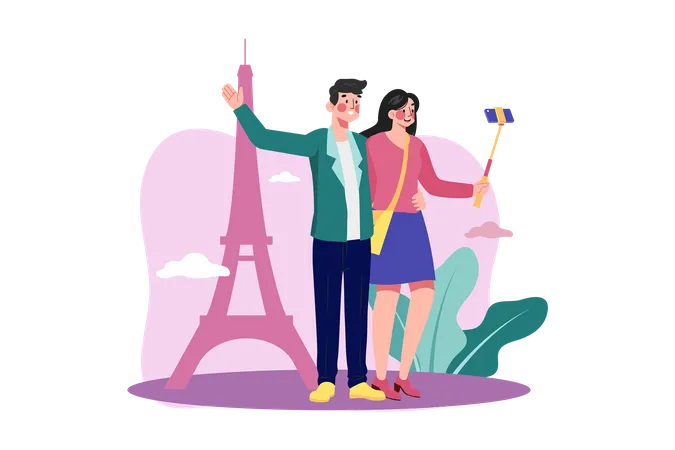 Couple of tourists taking a selfie  Illustration