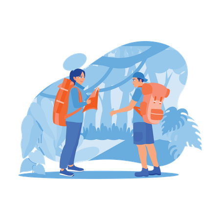 Couple Of Tourists With Backpacks On Their Backs Got Lost In Forest  Illustration