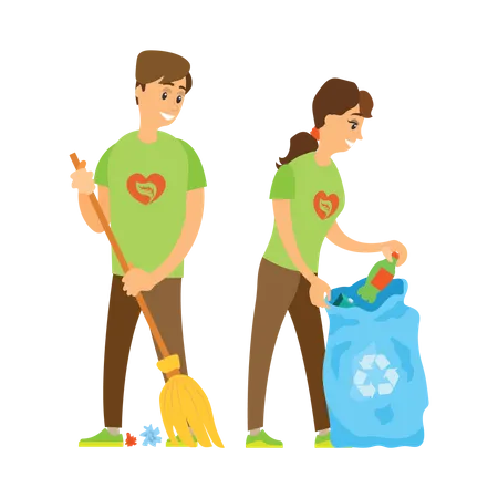 Couple of volunteer collecting trash Illustration