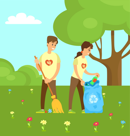 Couple of volunteer collecting trash  Illustration