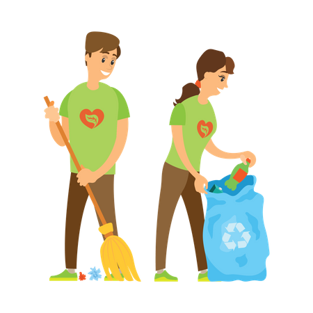 Couple of volunteer collecting trash  Illustration