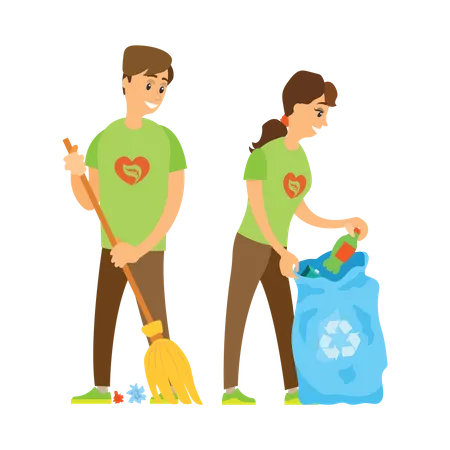 Couple of volunteer collecting trash  Illustration