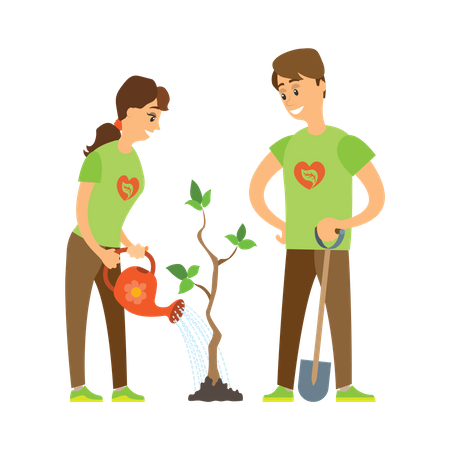 Couple of volunteer watering plant  Illustration