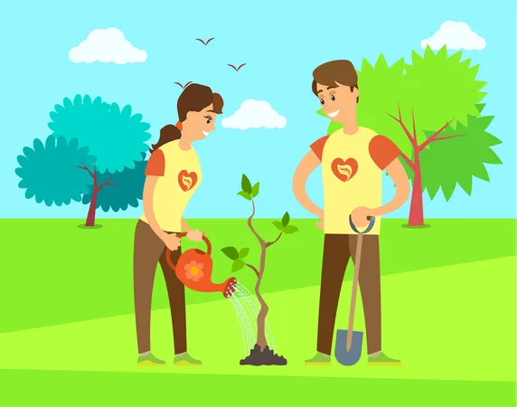 Couple of volunteer watering plant  Illustration