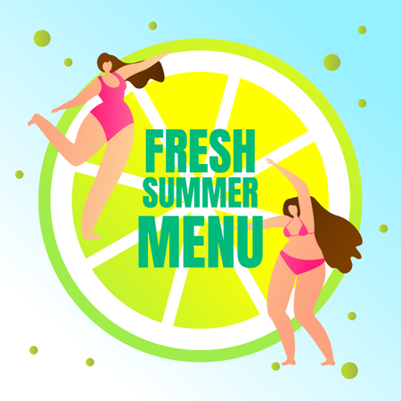 Couple of Young Sexy Girls in Swimming Suits Dancing on Huge Lemon Slice  Illustration