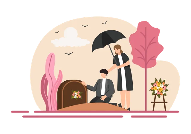 Couple offers flowers on the tomb  일러스트레이션
