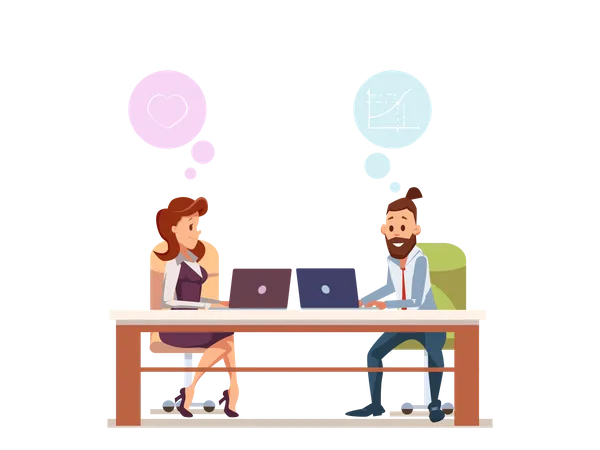 Couple Office Worker Sit at Workplace with Laptop Illustration