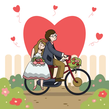 Vector Illustration Of Love Couple On A Bicycle On Nature Heart Shape Background Cartoon Style Illustration