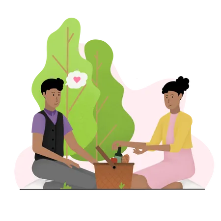 Couple on a picnic date on Valentines day  Illustration