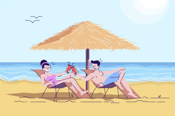 Couple On Beach Flat Doodle Illustration Man And Woman On Loungers Having Drinks Seaside Scenery Summer Vacation Indonesia Tourism 2 D Cartoon Character With Outline For Commercial Use Illustration