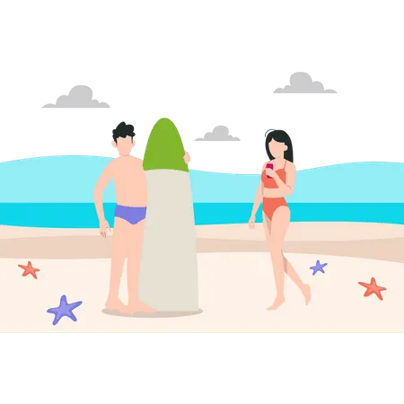 The Boy With Surf Board And The Girl With A Tin Can Standing On The Beach Illustration