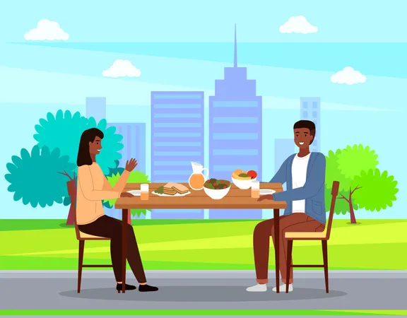 People On A Date Against The Backdrop Of City Buildings Couple Eating Natural Fresh Products Man And Woman Communicating At Dining Table Vector Illustration Table With Fruit Salad And Sandwiches Illustration
