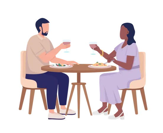 Couple on date drinking wine and eating meals  Illustration