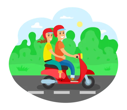 Travelers In Helmets Driving Motorbike On Highway Vector Couple On Moped Love Dating Journey Or Trip Vehicle And Road Activity Date Bushes And Trees On Roadside Eco Transport Illustration