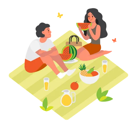Couple Spend Time Outdoor On Picnic Summer Camping Idea Of Tourism And Travel Watermelon Season Vector Illustration In Cartoon Style Illustration