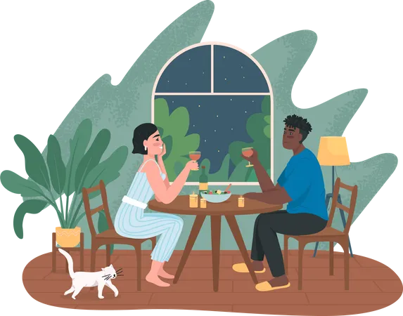 Couple on romantic dinner date at home  Illustration