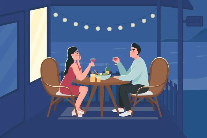 Couple On Romantic Night Date Flat Color Vector Illustration Lovers Sitting At Table With Wine And Dinner Boyfriend And Girlfriend 2 D Cartoon Characters With Seaside Landscape On Background Illustration