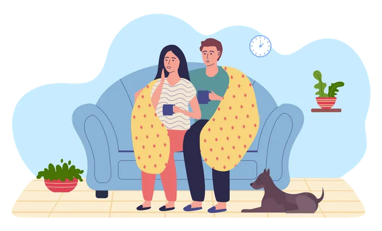 Couple On Self Isolation Man And Woman In Blanket Drink Tea Treatment And Healthcare Concept Young People Resting At Home Dog Owners Are Taking Antiviral Agent Guy With Girl In Quarantine Illustration