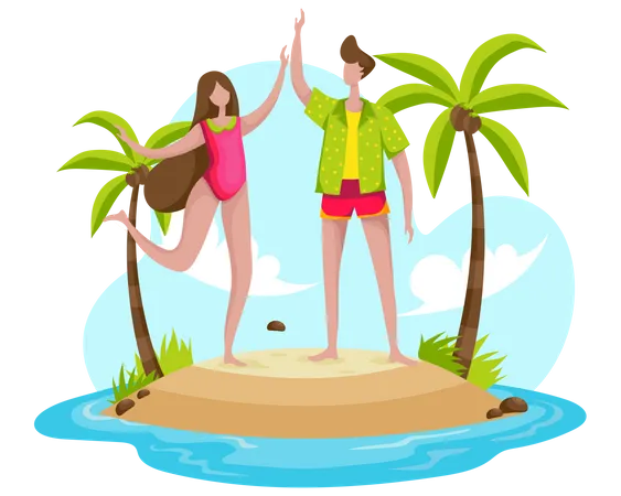 A Young Woman And Boyfriend On Vacation Arrived At The Beach And Prepared For A Dip In The Sea Vector Illustration Flat Design Illustration