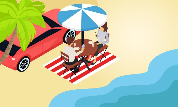 Isometric Style Illustration Of Vacationing To The Beach With Family Illustration