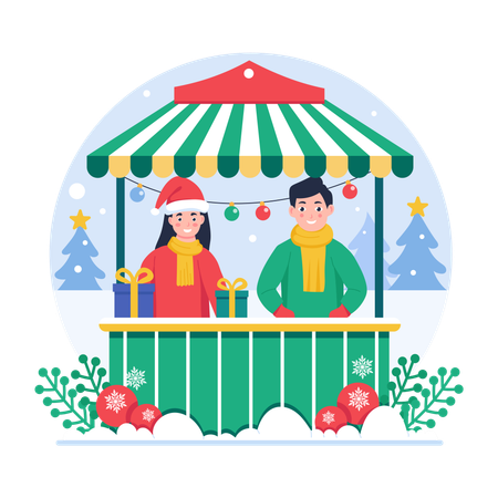 Couple opening Christmas Stall  Illustration