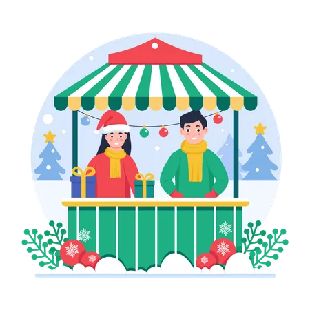 Couple opening Christmas Stall  Illustration