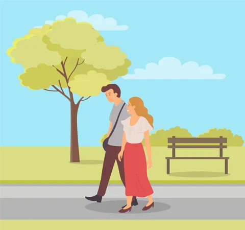 Couple Outdoors having Spring Season Walk  Illustration