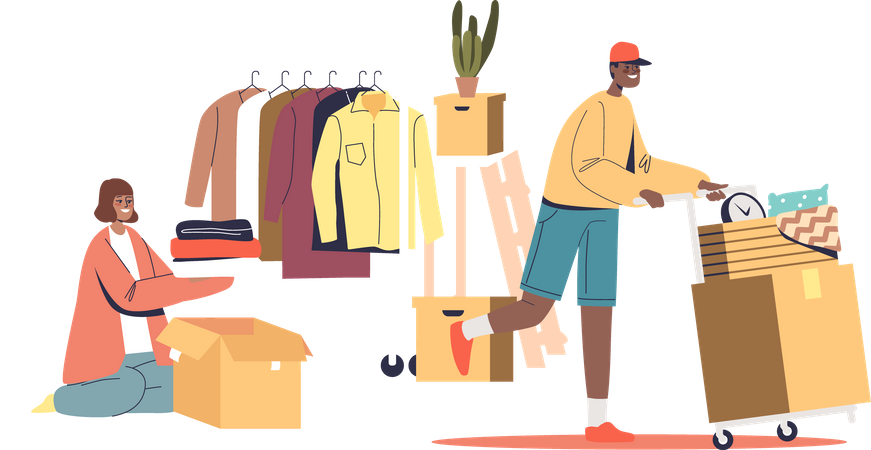 Couple packing and loading cardboard boxes preparing for relocation to new house  Illustration